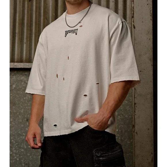 YOUNGLA Mens Off-White Distressed T-Shirt Graphic Print Size Large Oversized Tee - Picture 2 of 6